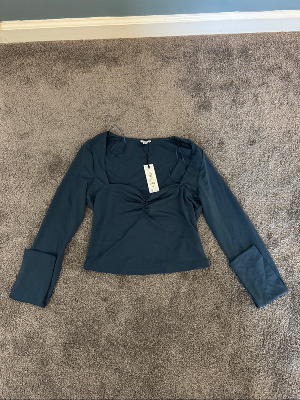 Garage Women's Long Sleeve Ruched Front Top - slate blue-gray women’s size S NWT